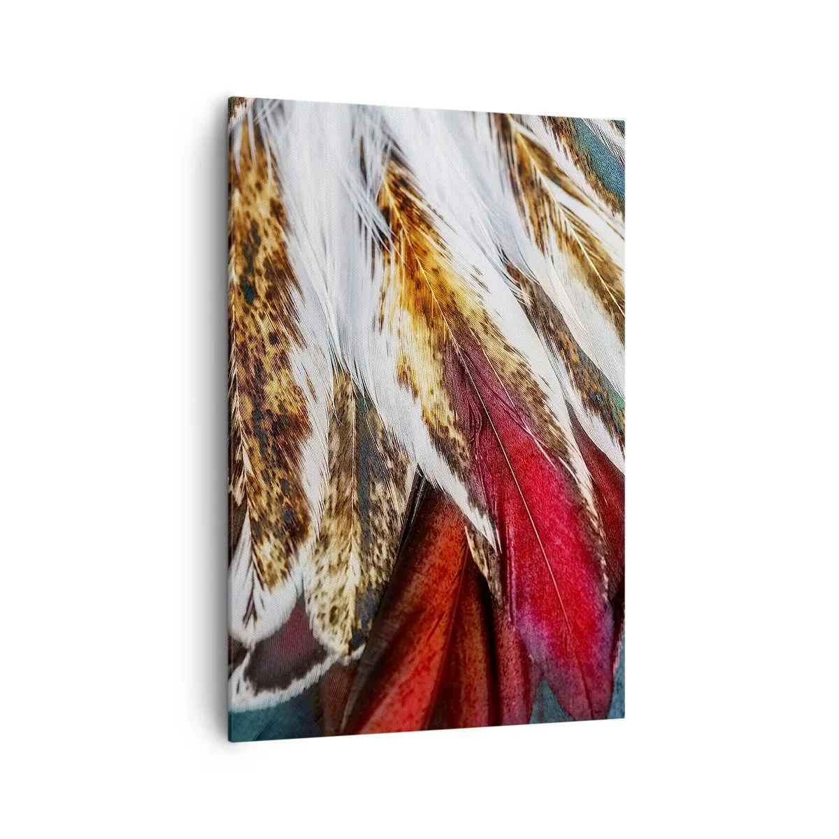 Bild auf Leinwand - Leinwandbild - Nahaufnahme von mehrfarbigen Federn in leuchtenden, intensiven Farben - 70x100cm - Geheimnisse des Fliegens - Moderne Wanddekoration für Wohnzimmer und Schlafzimmer ARTTOR