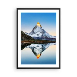 Poster in einem schwarzem Rahmen - Ein Berg mit einem schneebedeckten Gipfel, der sich in einem See spiegelt - 50x70cm - Zwei Welten - Moderne Wanddekoration für Wohnzimmer und Schlafzimmer ARTTOR