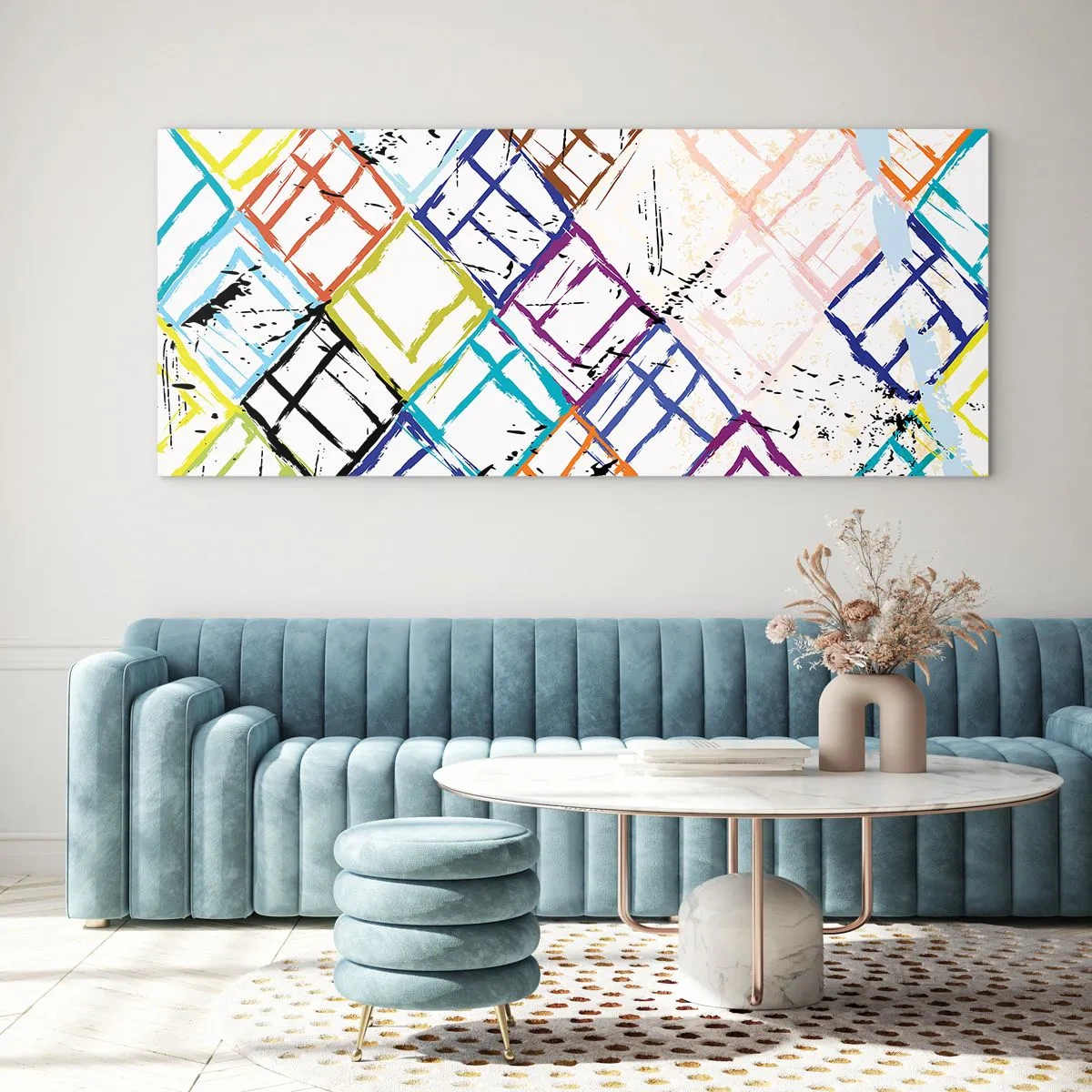 Glasbild - Bild auf glas - Bunte Abstraktion mit geometrischen Formen auf weißem Hintergrund - 160x50cm - Zellen zu vermieten - Moderne Wanddekoration für Wohnzimmer und Schlafzimmer ARTTOR