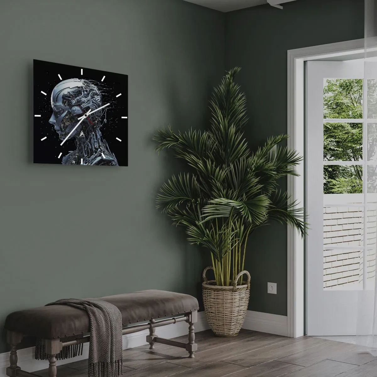 Wanduhr - Glasuhr - Futuristisches Porträt eines Cyborgs im Industriestil auf schwarzem Hintergrund. - 30x30cm - Technologie ist eine Frau - Moderne Wanddekoration für Wohnzimmer und Schlafzimmer ARTTOR