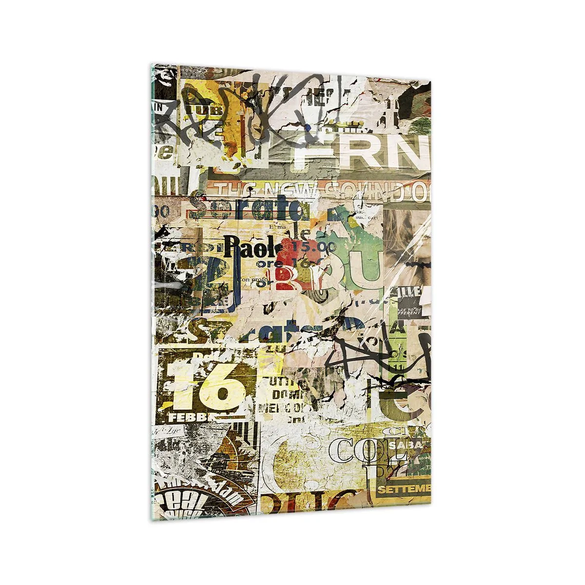 Glasbild - Bild auf glas - Eine Collage aus Zeitungs- und Plakatfragmenten im künstlerischen Stil. - 70x100cm - Ach, es passiert... - Moderne Wanddekoration für Wohnzimmer und Schlafzimmer ARTTOR