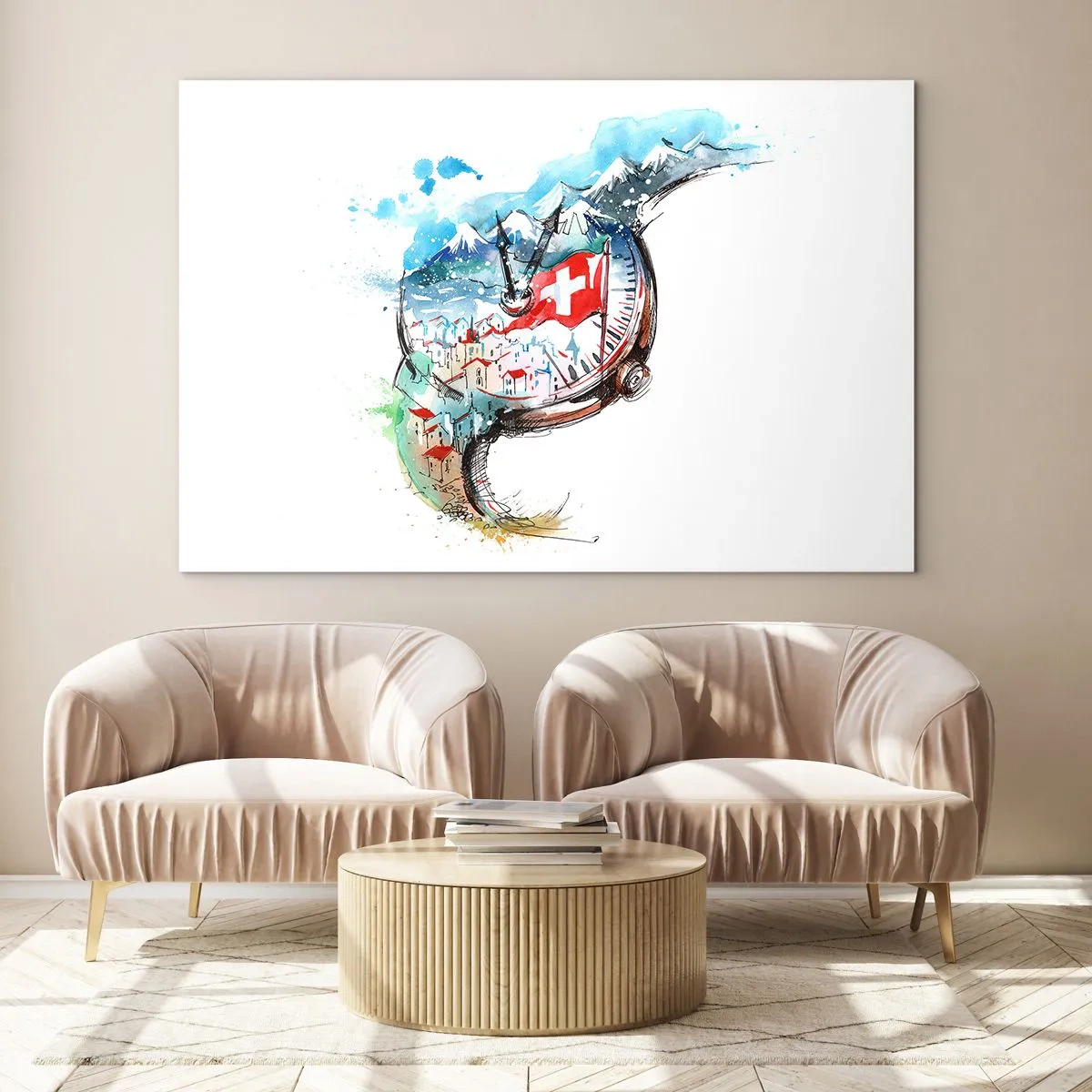 Glasbild - Bild auf glas - Aquarell einer Schweizer Landschaft mit einer Flagge und einer Uhr - 70x50cm - Der Geist der Schweiz - Moderne Wanddekoration für Wohnzimmer und Schlafzimmer ARTTOR