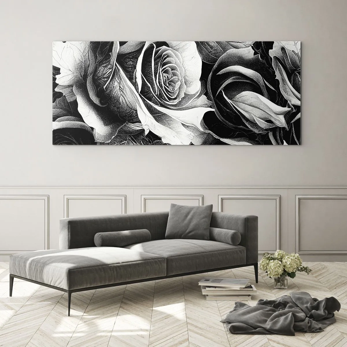 Glasbild - Bild auf glas - Schwarze und weiße Rosen in einer eleganten Komposition - 120x50cm - Immer Königin - Moderne Wanddekoration für Wohnzimmer und Schlafzimmer ARTTOR