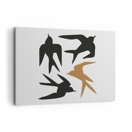 Bild auf Leinwand - Leinwandbild - Silhouetten von Schwalben in Schwarz und Gold - 100x70cm - Schwalbenspaß - Moderne Wanddekoration für Wohnzimmer und Schlafzimmer ARTTOR