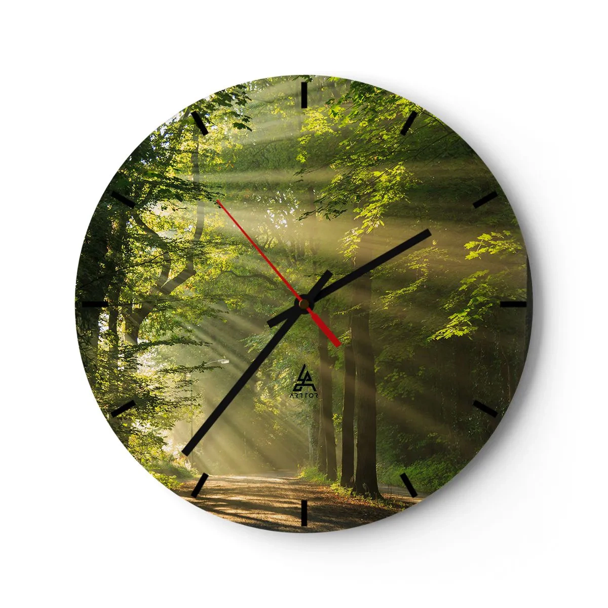 Wanduhr - Glasuhr - Waldweg in den Strahlen der Morgensonne - 30x30cm - Waldmoment - Moderne Wanddekoration für Wohnzimmer, Küche und Schlafzimmer ARTTOR