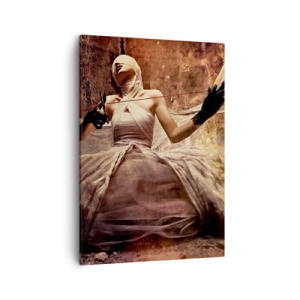 Bild auf Leinwand - Leinwandbild - Eine Frau in einem Kleid mit bedecktem Gesicht und einer Schere in den Händen - 50x70cm - Göttin des Schicksals - Moderne Wanddekoration für Wohnzimmer und Schlafzimmer ARTTOR