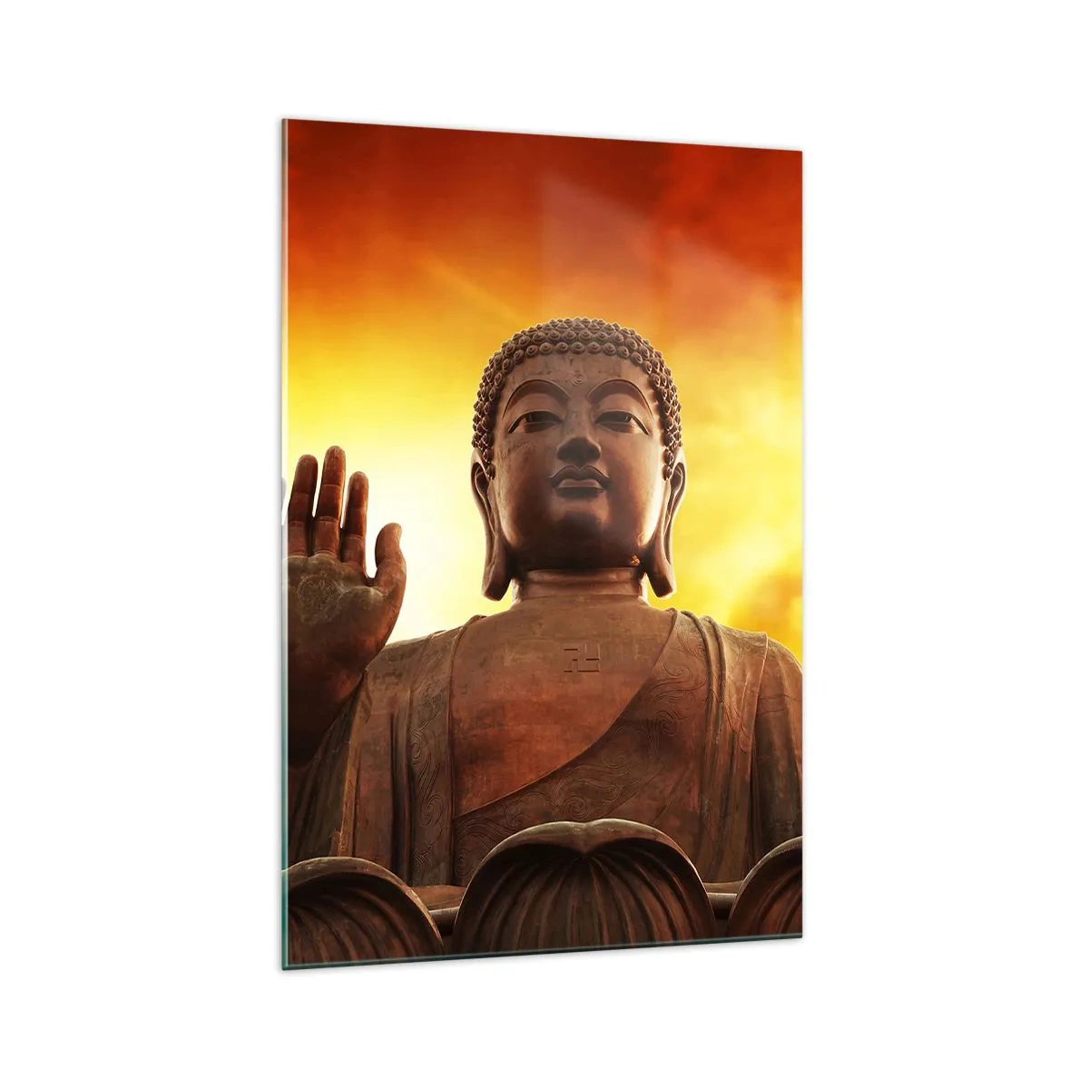 Glasbild - Bild auf glas - Eine Buddha-Statue vor einem goldenen Sonnenuntergangshimmel - 70x100cm - Frieden der Welt - Moderne Wanddekoration für Wohnzimmer und Schlafzimmer ARTTOR