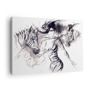 Bild auf Leinwand - Leinwandbild - Eine Frau in einem dynamischen Tanz mit Zebras in einer Schwarz-Weiß-Ästhetik - 70x50cm - Tanzen mit den Zebras - Moderne Wanddekoration für Wohnzimmer und Schlafzimmer ARTTOR