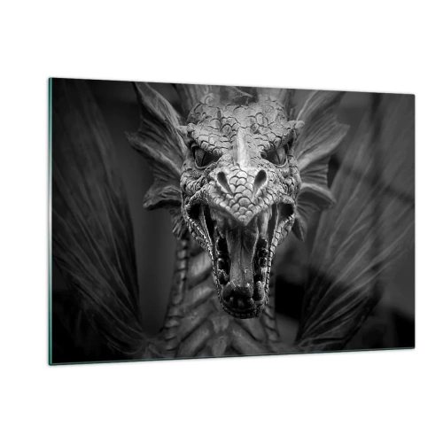 Glasbild - Bild auf glas - Detailliertes Porträt eines Drachen in Schwarzweiß - 120x80cm - Ein märchenhafter Drache in Grau - Moderne Wanddekoration für Wohnzimmer und Schlafzimmer ARTTOR