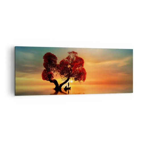 Bild auf Leinwand - Leinwandbild - Ein rotblättriger Baum und ein Boot auf dem Wasser bei Sonnenuntergang - 140x50cm - Oddaysons und die Stille der Weltlosen - Moderne Wanddekoration für Wohnzimmer und Schlafzimmer ARTTOR