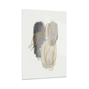 Glasbild - Bild auf glas - Abstraktion mit grauen Flecken und goldenen Linien auf hellem Hintergrund - 50x70cm - Dauer und Bewegung - Moderne Wanddekoration für Wohnzimmer und Schlafzimmer ARTTOR