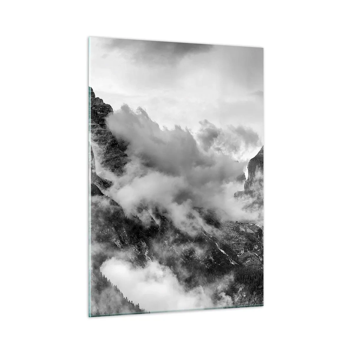 Glasbild - Bild auf glas - Schwarz-weiße Berge mit Nebel in den Tälern - 50x70cm - Schön und grausam - Moderne Wanddekoration für Wohnzimmer und Schlafzimmer ARTTOR