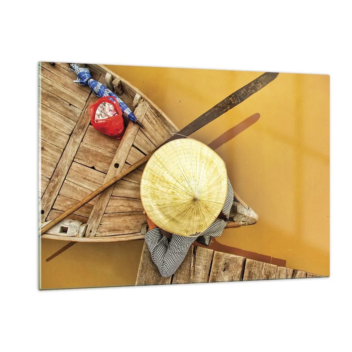 Glasbild - Bild auf glas - Draufsicht auf ein Boot und eine Person mit einem konischen Hut - 120x80cm - Leben am Gelben Fluss - Moderne Wanddekoration für Wohnzimmer und Schlafzimmer ARTTOR