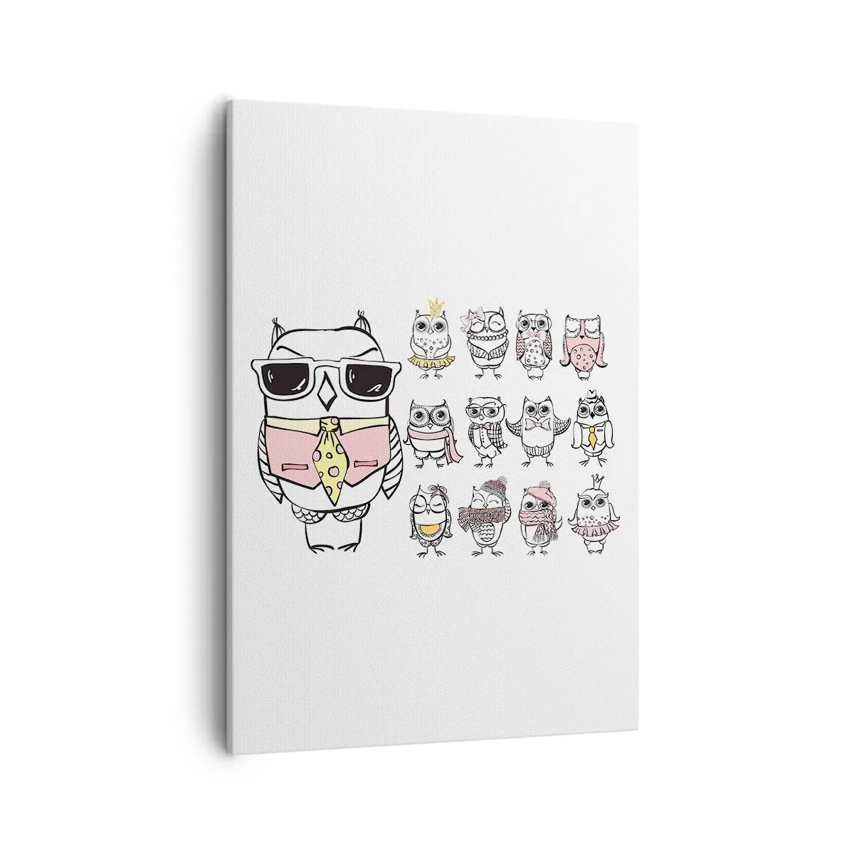 Bild auf Leinwand - Leinwandbild - Eulen in verschiedenen Stilen und Kleidern - 50x70cm - So viele Rollen zu spielen - Moderne Wanddekoration für Wohnzimmer und Schlafzimmer ARTTOR