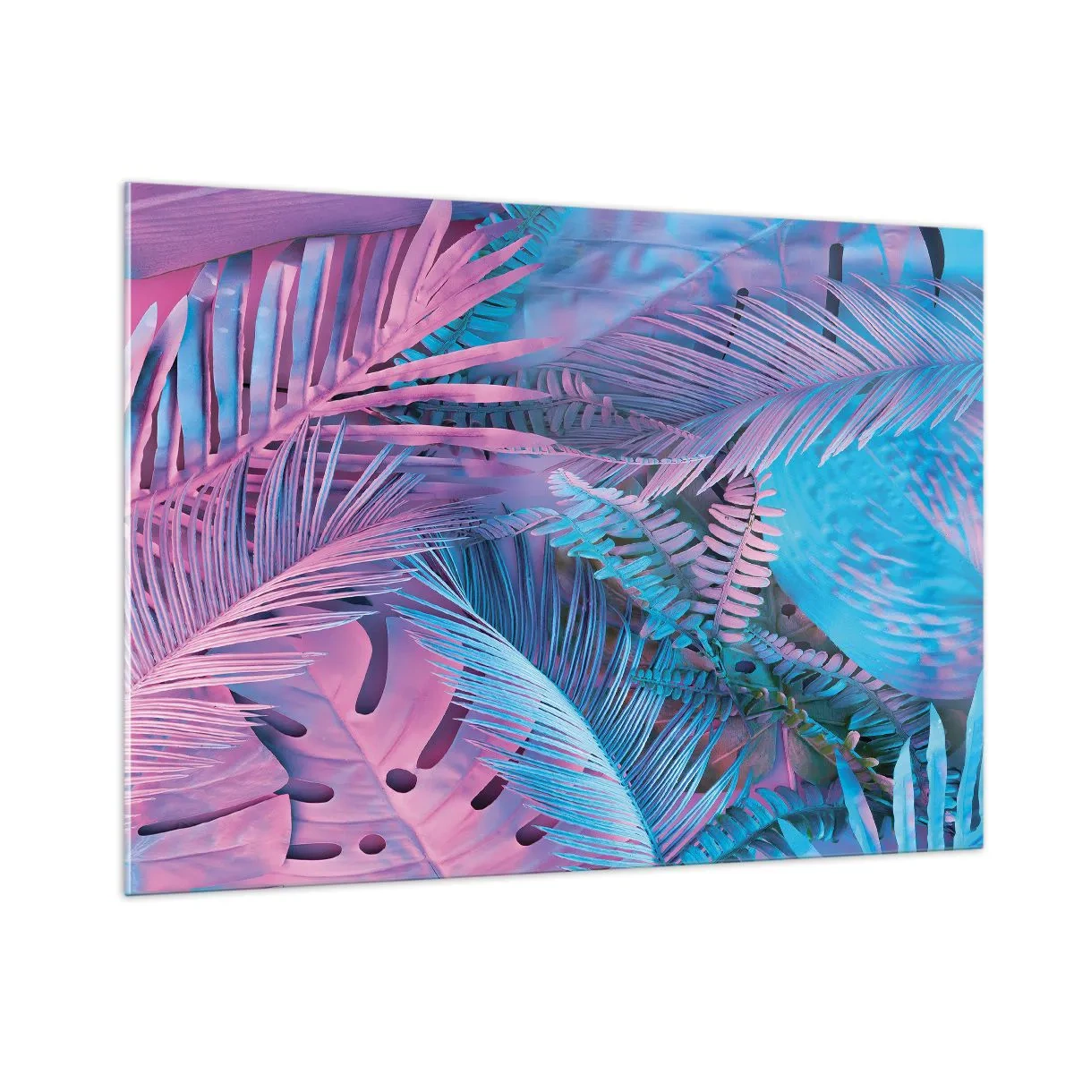 Glasbild - Bild auf glas - Tropische Blätter in Rosa- und Blautönen auf neonfarbenem Hintergrund - 100x70cm - Tropen in Rosa und Blau - Moderne Wanddekoration für Wohnzimmer und Schlafzimmer ARTTOR
