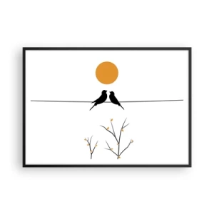 Poster in einem schwarzem Rahmen - Vögel auf einer Linie mit einer gelben Sonne - 100x70cm - Abend der Nachtigallen - Moderne Wanddekoration für Wohnzimmer und Schlafzimmer ARTTOR