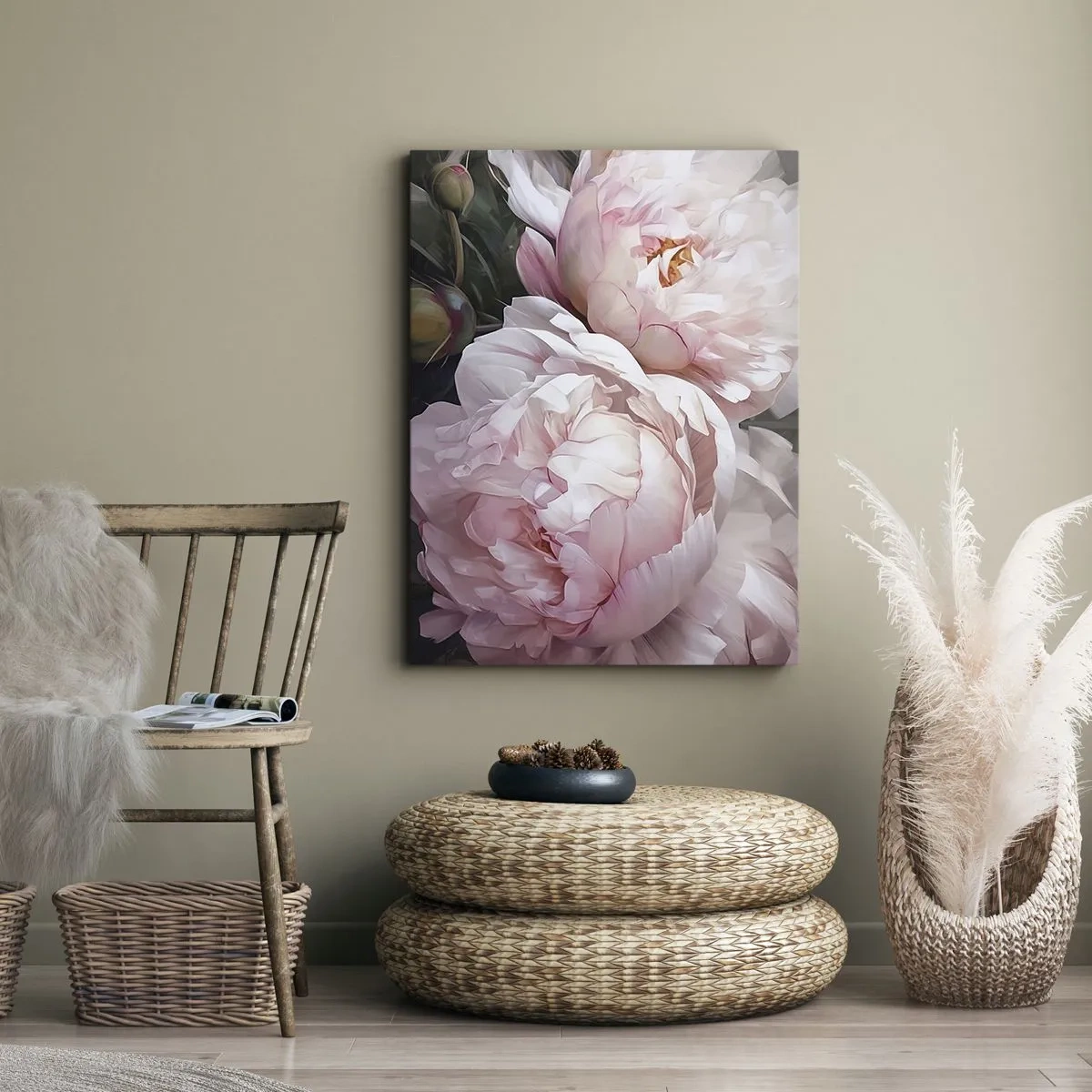 Bild auf Leinwand - Leinwandbild - Zarte rosa Pfingstrosen in voller Blüte - 50x70cm - In der Blüte angehalten - Moderne Wanddekoration für Wohnzimmer und Schlafzimmer ARTTOR