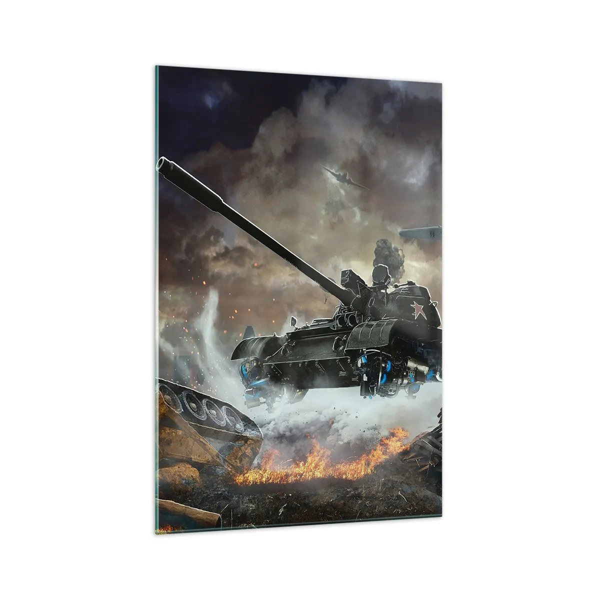 Glasbild - Bild auf glas - Kampfszene mit Panzern und Flugzeugen im Hintergrund - 70x100cm - Der Kampf ist schrecklich und schön - Moderne Wanddekoration für Wohnzimmer und Schlafzimmer ARTTOR