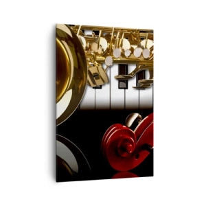 Bild auf Leinwand - Leinwandbild - Ein goldenes Saxophon, Klaviertasten und eine rote Geige - 70x100cm - Blech, Holz und Elfenbein - Moderne Wanddekoration für Wohnzimmer und Schlafzimmer ARTTOR