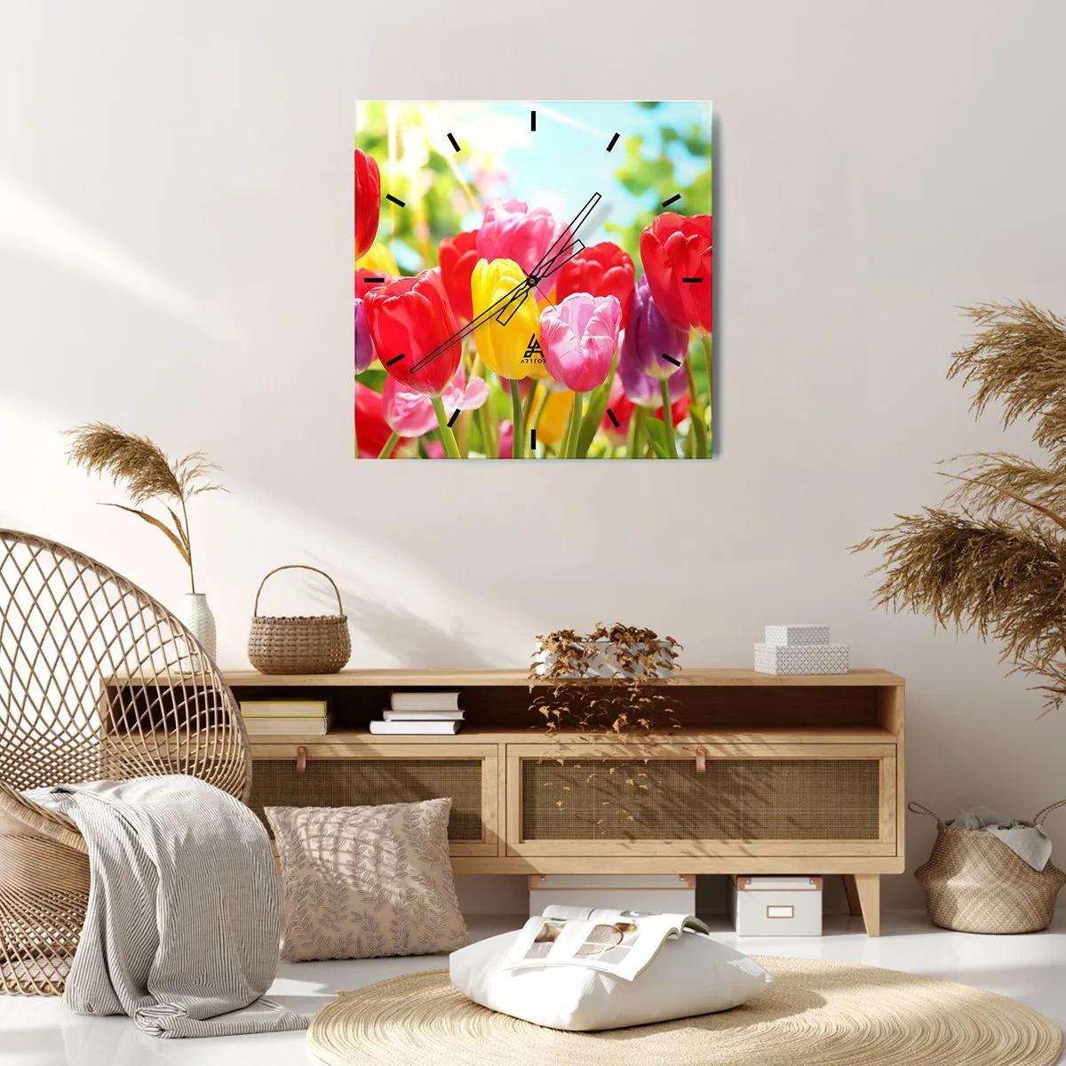 Wanduhr - Glasuhr - Bunte Tulpen in voller Blüte vor einem Frühlingshintergrund - 30x30cm - Wir sind es, die Farben des Mais! - Moderne Wanddekoration für Wohnzimmer und Schlafzimmer ARTTOR