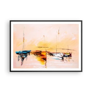 Poster in einem schwarzem Rahmen - Bunte Boote auf ruhigem Wasser bei Sonnenuntergang - 100x70cm - Abend im Yachthafen - Moderne Wanddekoration für Wohnzimmer und Schlafzimmer ARTTOR