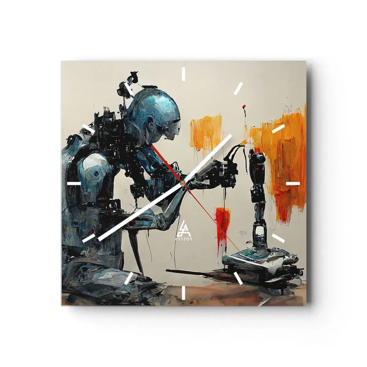 Wanduhr - Glasuhr - Roboter bei der Arbeit mit abstraktem Hintergrund - 30x30cm - Schon morgen… - Moderne Wanddekoration für Wohnzimmer und Schlafzimmer ARTTOR