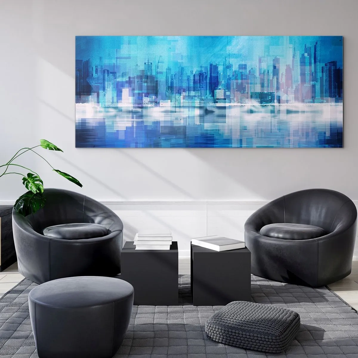 Glasbild - Bild auf glas - Abstraktes Stadtpanorama in Blautönen - 140x50cm - In Blau ertrunken - Moderne Wanddekoration für Wohnzimmer und Schlafzimmer ARTTOR