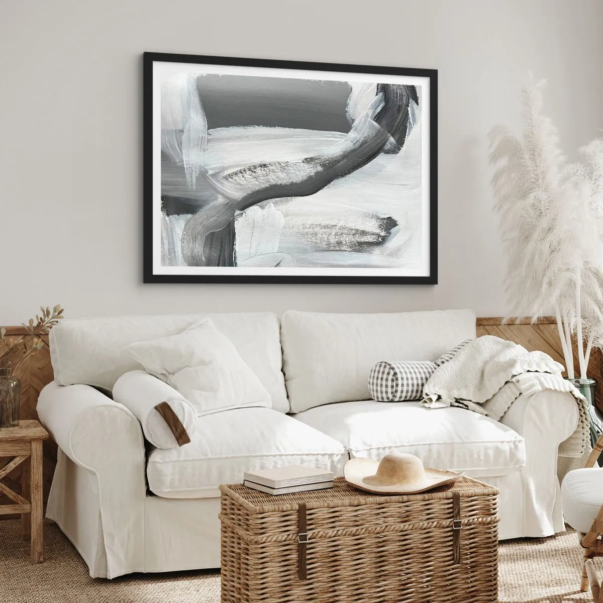 Poster in einem schwarzem Rahmen - Grau-weiße Abstraktion mit dynamischen Linien - 100x70cm - Entscheidender Schritt - Moderne Wanddekoration für Wohnzimmer und Schlafzimmer ARTTOR