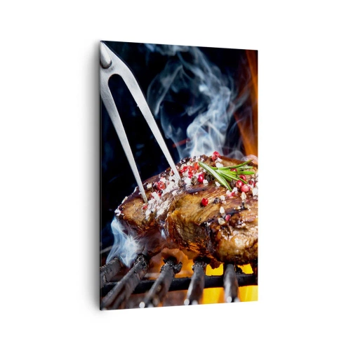 Bild auf Leinwand - Leinwandbild - Gegrilltes Steak auf einem Grill mit Gewürzen - 80x120cm - Saftig und duftend - Moderne Wanddekoration für Wohnzimmer und Schlafzimmer ARTTOR