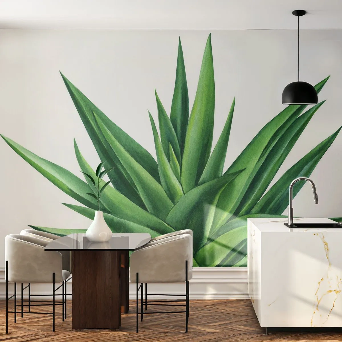 Fototapete Premium Sand - Handgemalte Aloe auf weißem Hintergrund - 100x70cm - Grün – Kraft – Leben - Moderne Wanddekoration für Wohnzimmer und Schlafzimmer ARTTOR
