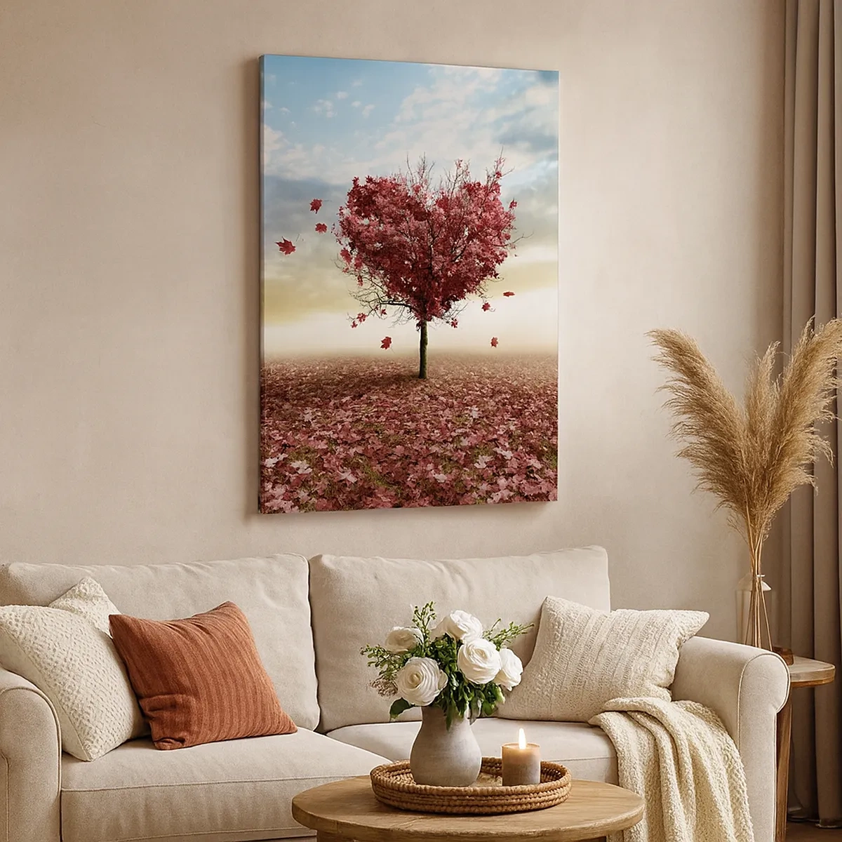 Bild auf Leinwand - Leinwandbild - Ein einsamer herzförmiger Baum in einem Feld aus roten Blättern - 50x70cm - Verliebe dich auch - Moderne Wanddekoration für Wohnzimmer und Schlafzimmer ARTTOR
