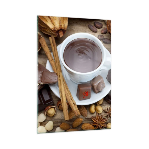 Glasbild - Bild auf glas - Eine Tasse heiße Schokolade mit Toppings auf rustikalem Hintergrund - 50x70cm - Aus einer märchenhaften Schokoladenfabrik - Moderne Wanddekoration für Wohnzimmer und Schlafzimmer ARTTOR