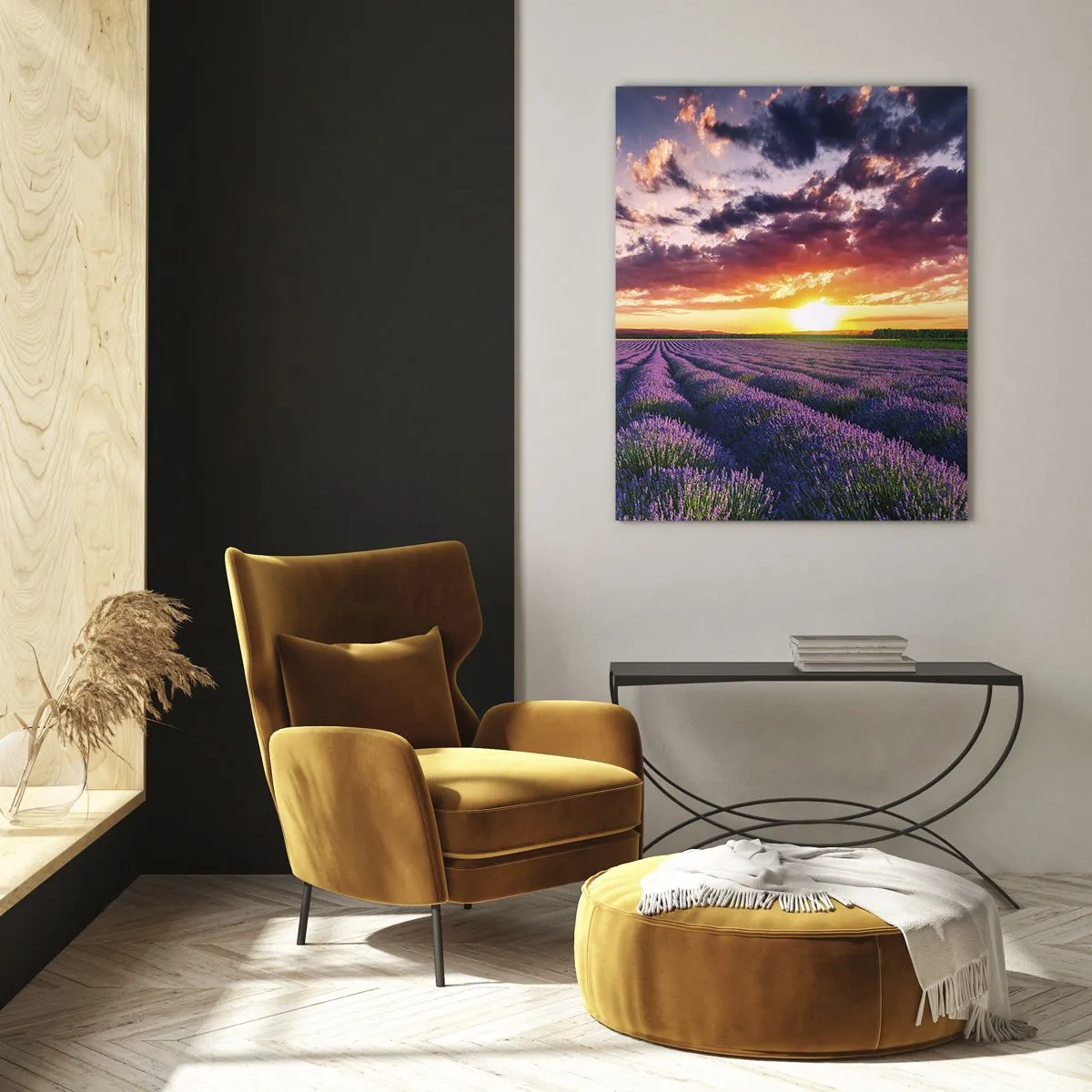 Glasbild - Bild auf glas - Ein Lavendelfeld bei Sonnenuntergang mit buntem Himmel und Wolken - 50x70cm - Lavendel Welt - Moderne Wanddekoration für Wohnzimmer und Schlafzimmer ARTTOR