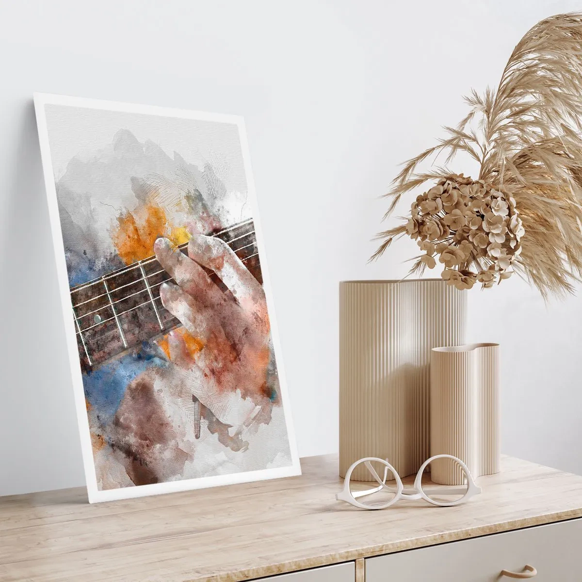 Poster - Künstlerische Hand spielt Gitarre im Aquarellstil - 50x70cm - Poesie zwischen den Saiten - Moderne Wanddekoration für Wohnzimmer und Schlafzimmer ARTTOR