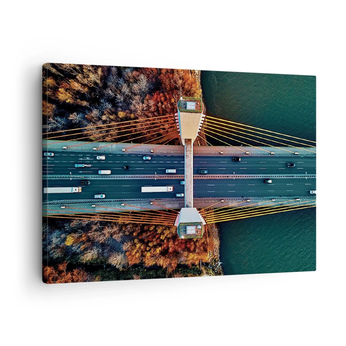 Bild auf Leinwand - Leinwandbild - Luftaufnahme der Brücke über den Fluss und der Herbstlandschaft - 70x50cm - Jenseits der Gewässer, jenseits der Wälder - Moderne Wanddekoration für Wohnzimmer und Schlafzimmer ARTTOR