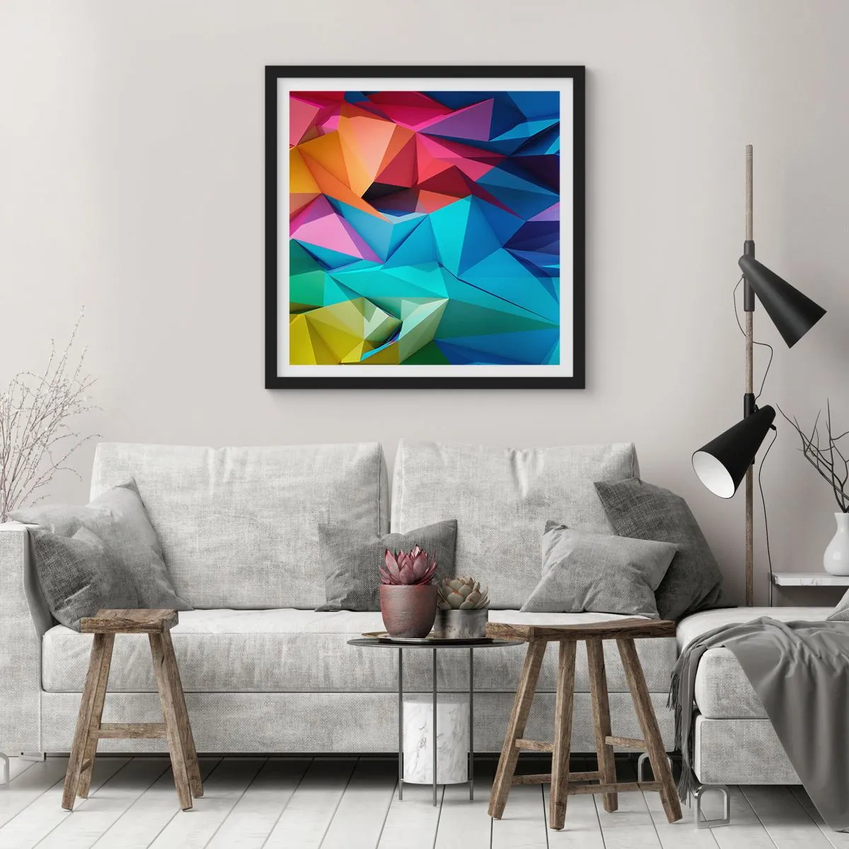 Poster in einem schwarzem Rahmen - Regenbogen-Origami - 40x40 cm