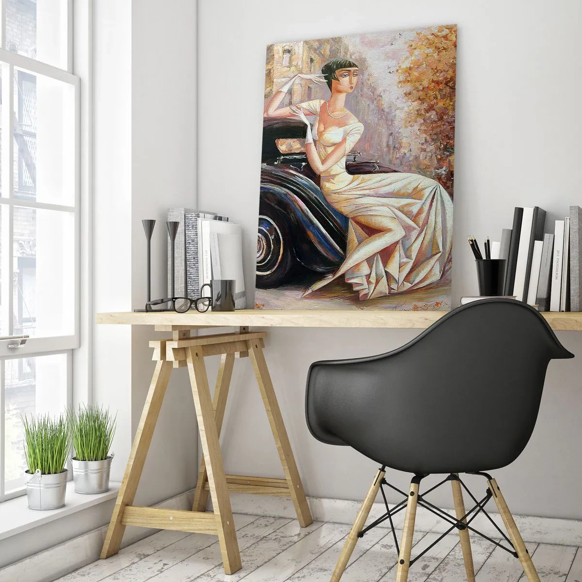Glasbild - Bild auf glas - Elegante Frau neben einem Retro-Auto in urbaner Umgebung - 50x70cm - Eleganz im Retro-Stil - Moderne Wanddekoration für Wohnzimmer und Schlafzimmer ARTTOR