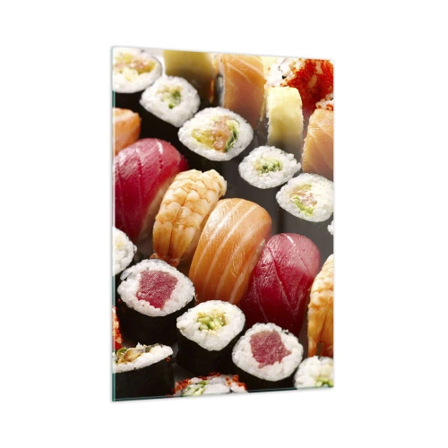 Glasbild - Bild auf glas - Eine bunte Sushi-Komposition mit verschiedenen Zutaten - 50x70cm - Farben und Aromen Asiens - Moderne Wanddekoration für Wohnzimmer und Schlafzimmer ARTTOR