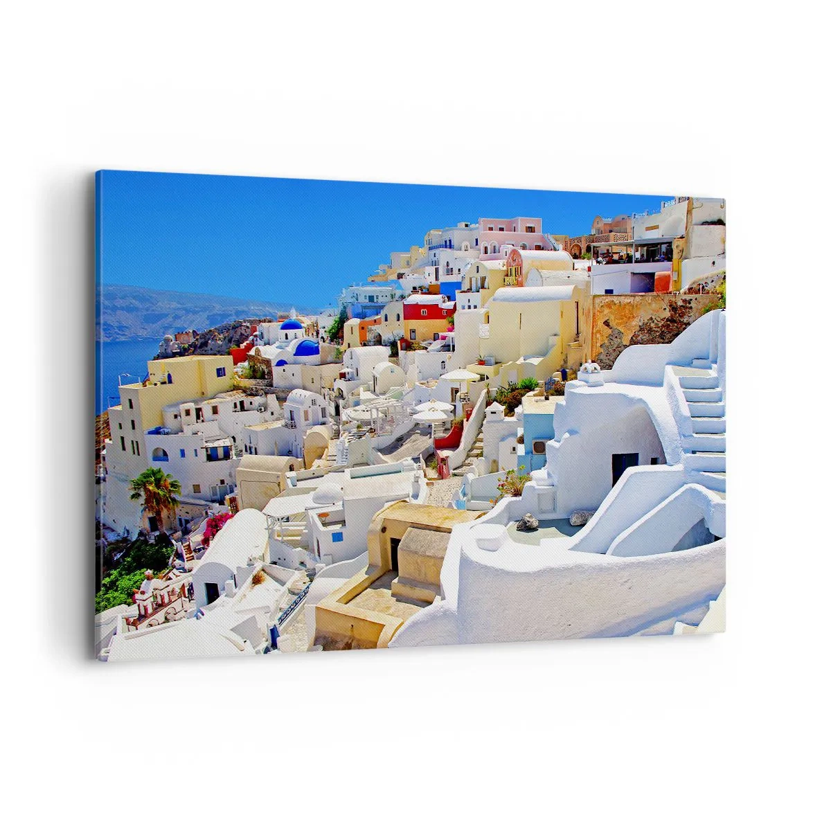 Bild auf Leinwand - Leinwandbild - Panorama von Santorini mit weißen Häusern und blauem Himmel - 100x70cm - Der Traum vom griechischen Sommer - Moderne Wanddekoration für Wohnzimmer und Schlafzimmer ARTTOR