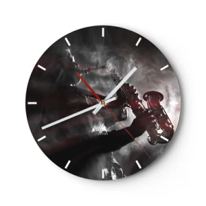 Wanduhr - Glasuhr - Saxophonist im Rauch im Schwarz-Weiß-Stil - 30x30cm - In den Dämpfen des Jazz - Moderne Wanddekoration für Wohnzimmer, Küche und Schlafzimmer ARTTOR