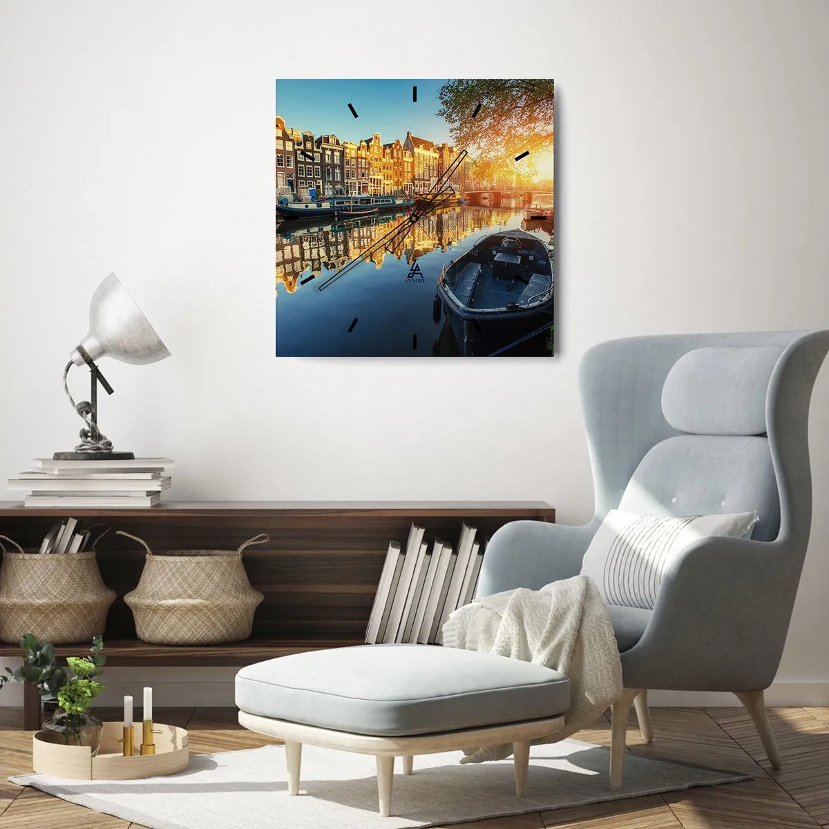 Wanduhr - Glasuhr - Amsterdamer Kanal bei Sonnenuntergang - 30x30cm - Morgen in Amsterdam - Moderne Wanddekoration für Wohnzimmer und Schlafzimmer ARTTOR