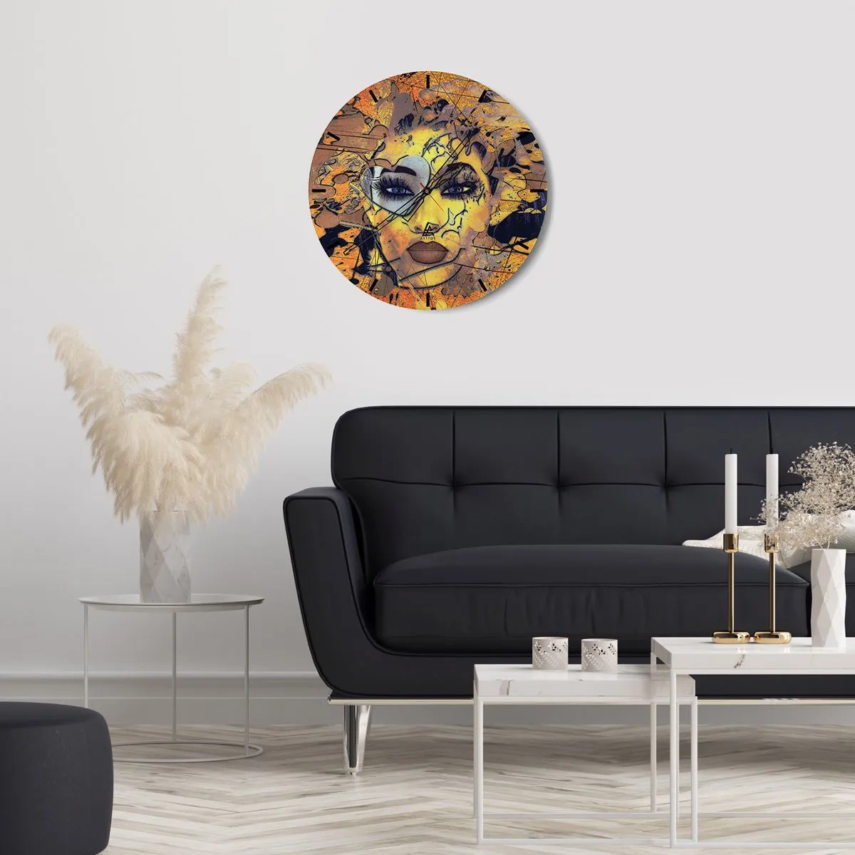 Wanduhr - Glasuhr - Porträt einer abstrakten Frau in Gold- und Schwarztönen - 30x30cm - Sonnige Schönheit - Moderne Wanddekoration für Wohnzimmer, Küche und Schlafzimmer ARTTOR