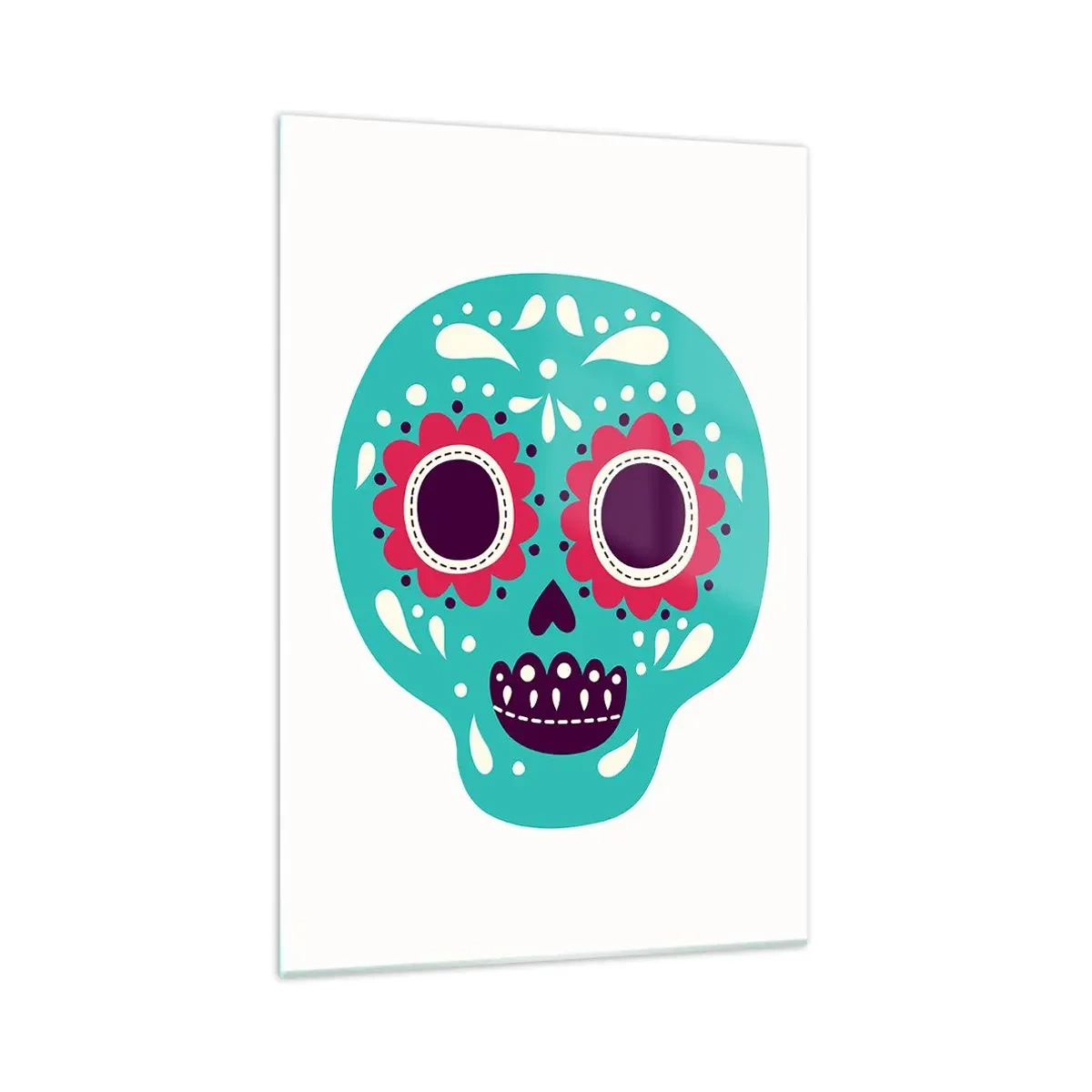 Glasbild - Bild auf glas - Ein türkis-violetter Zuckerschädel, inspiriert von der mexikanischen Kultur - 70x100cm - Das Leben – Spaß bis zum Tod - Moderne Wanddekoration für Wohnzimmer und Schlafzimmer ARTTOR