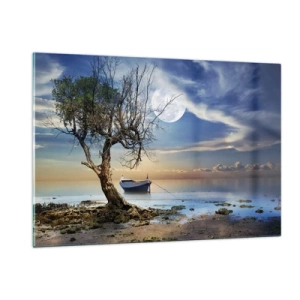 Glasbild - Bild auf glas - Ein einsames Boot neben einem Baum vor dem Hintergrund des Mondes - 120x80cm - Ist das das Ende oder der Anfang? - Moderne Wanddekoration für Wohnzimmer und Schlafzimmer ARTTOR