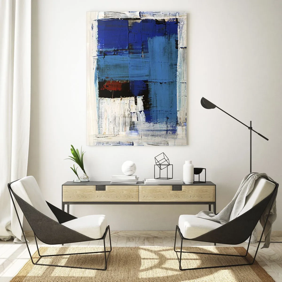 Glasbild - Bild auf glas - Eine abstrakte Komposition mit einer dominanten blauen Farbe. - 50x70cm - Geheimnis ist blau - Moderne Wanddekoration für Wohnzimmer und Schlafzimmer ARTTOR