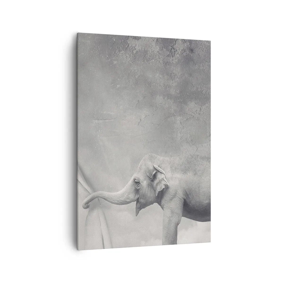 Bild auf Leinwand - Leinwandbild - Ein Elefant, der in einer surrealen Schwarzweißaufnahme den Vorhang zurückzieht - 70x100cm - Enthülle das Geheimnis - Moderne Wanddekoration für Wohnzimmer und Schlafzimmer ARTTOR