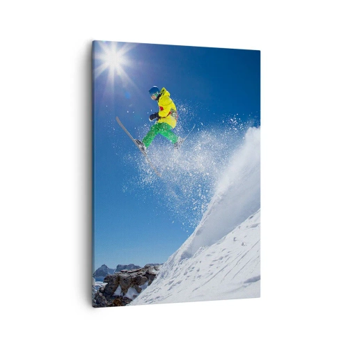 Bild auf Leinwand - Leinwandbild - Skifahrer in der Luft mit Bergen im Hintergrund - 50x70cm - Tanzen mit den Bergen - Moderne Wanddekoration für Wohnzimmer und Schlafzimmer ARTTOR