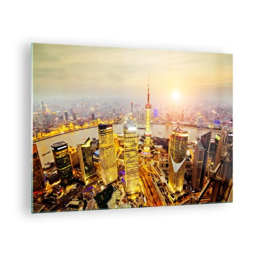 Glasbild - Bild auf glas - Panorama der Stadt bei Sonnenuntergang mit Wolkenkratzern - 70x50cm - Asiatischer Traum - Moderne Wanddekoration für Wohnzimmer und Schlafzimmer ARTTOR