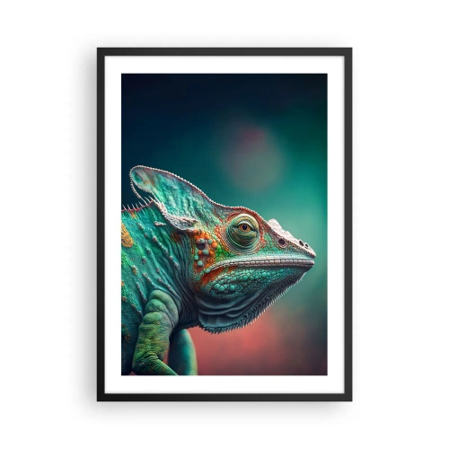 Poster in einem schwarzem Rahmen - Ein farbenfrohes Chamäleon auf auffälligem Hintergrund - 50x70cm - Siehst du mich? Nicht gut… - Moderne Wanddekoration für Wohnzimmer und Schlafzimmer ARTTOR