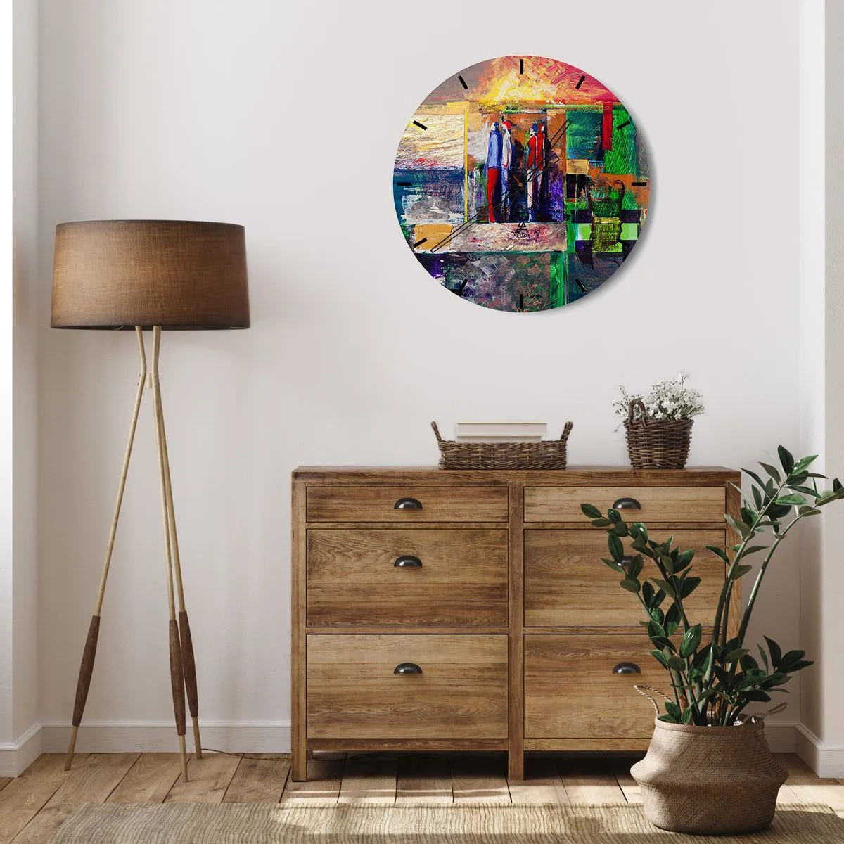 Wanduhr - Glasuhr - Ein abstraktes Gemälde mit Figuren in intensiven Farben. - 30x30cm - Beziehungen und Emotionen - Moderne Wanddekoration für Wohnzimmer, Küche und Schlafzimmer ARTTOR
